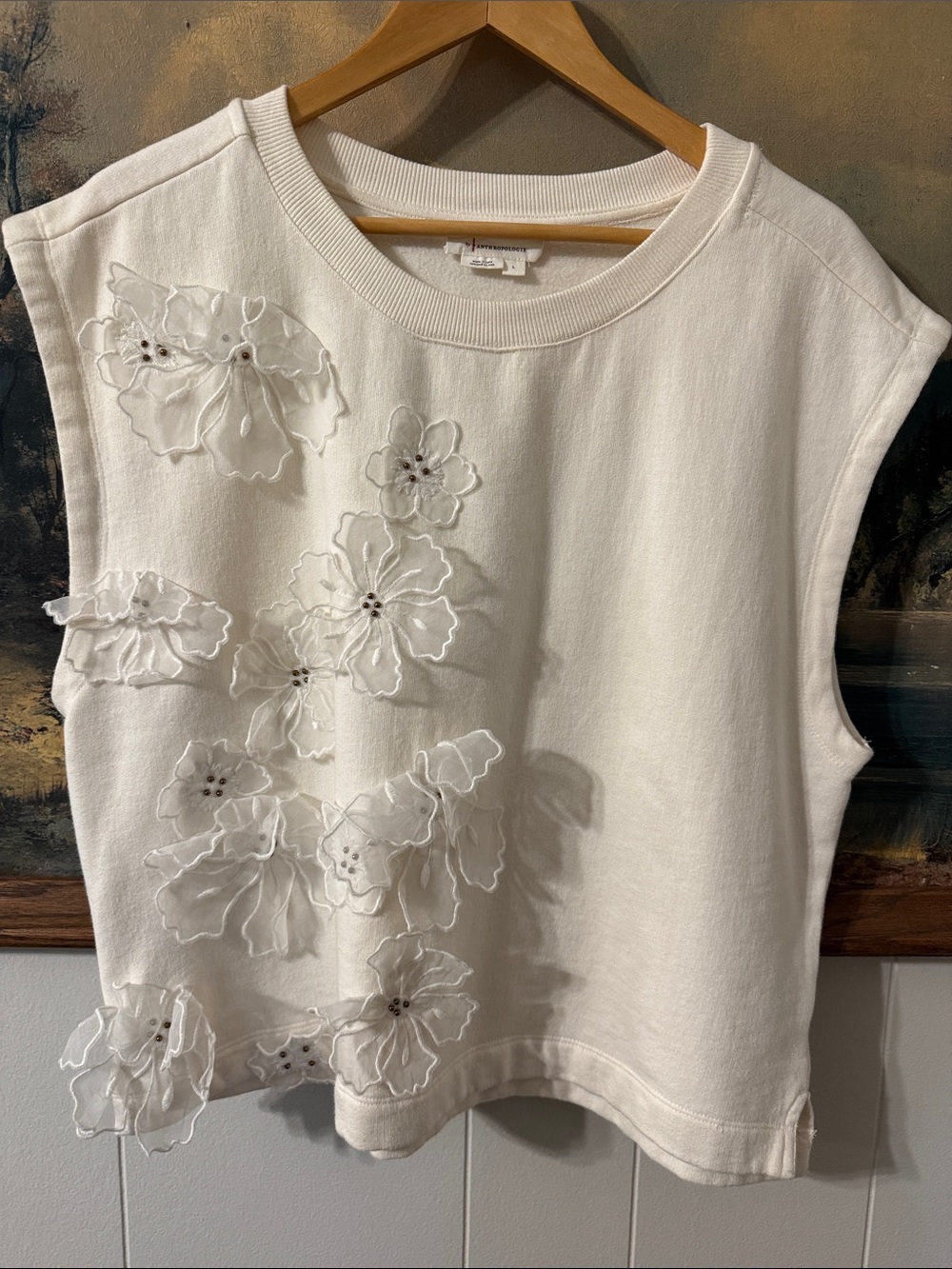 Anthropologie White Sleeveless Floral Appliqué Top